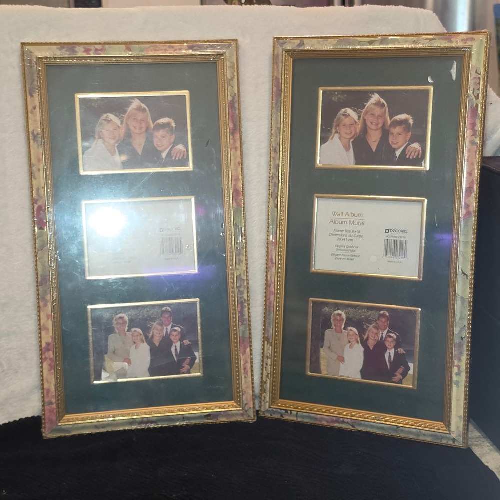 Decorel Vintage 8x16 Triple Picture Frame Set of 2 Gold Floral Green Mat USA